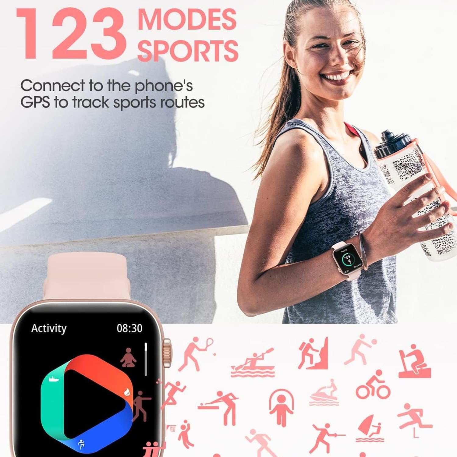 Smartwatch for Men Women Fitness 5ATM Waterproof Outdoor Tracker Elegant Wrist Time Piece with Ai Control Bluetooth/Heart Rate/Sleep Chronometer (Pink) Smartwatch for Men Women Fitness 5ATM Waterproof Outdoor Tracker Elegant Wrist Time Piece with Ai Control Bluetooth/Heart Rate/Sleep Chronometer (Pink)